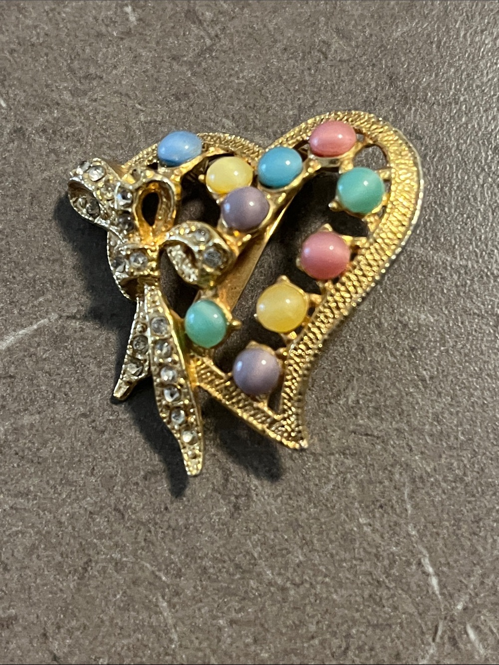 Gold-Tone Heart Brooch with Pastel Cabochons 2”x2”